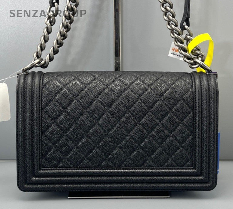 Chanel Leboy MM Chain Shoulder Bag Crossbody Black Silver Women Classic Diamond