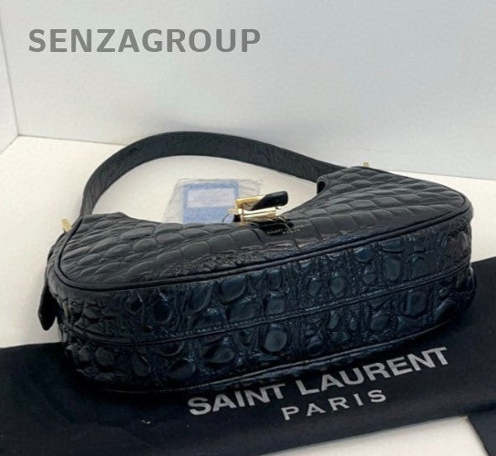 YSL Saint Laurent Croc-Embossed Hobo Shoulder Pea Bag Black Women