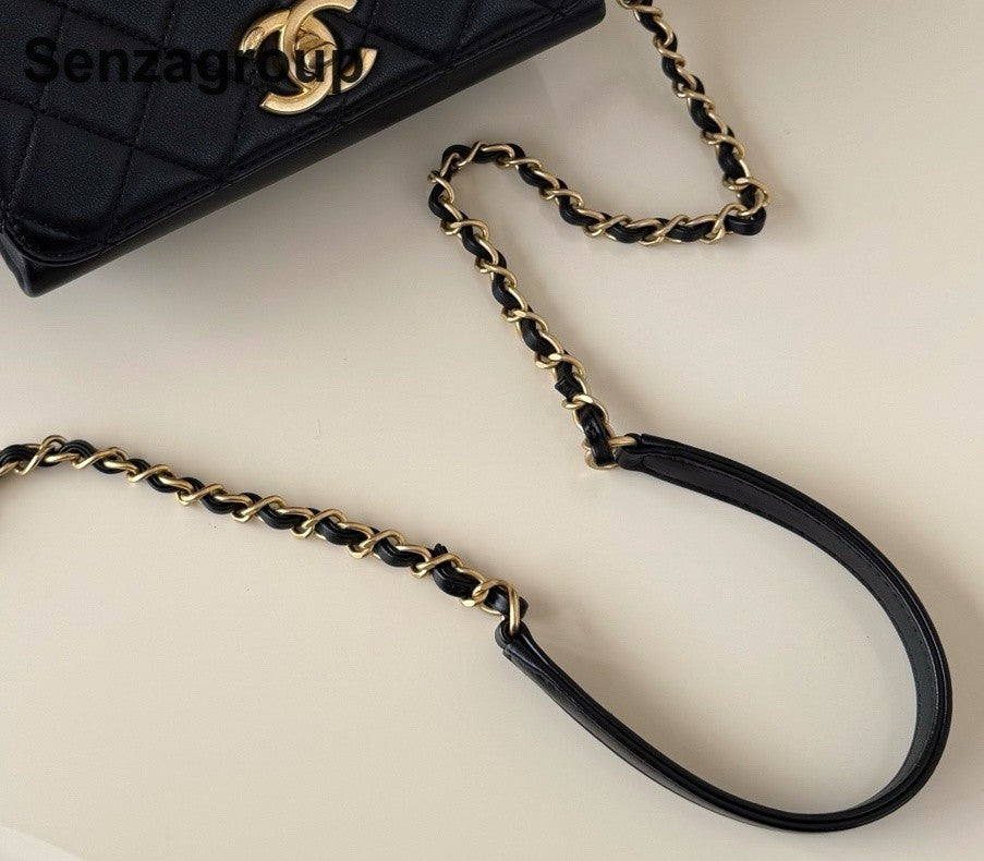 Chanel Diamond Chain Calfskin Top Handle Shoulder Crossbody Black Gold Women
