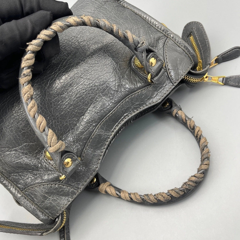 Balenciaga City Bag Mini Tote Top Handle Crossbody Bag Gray Gold Hardware Women