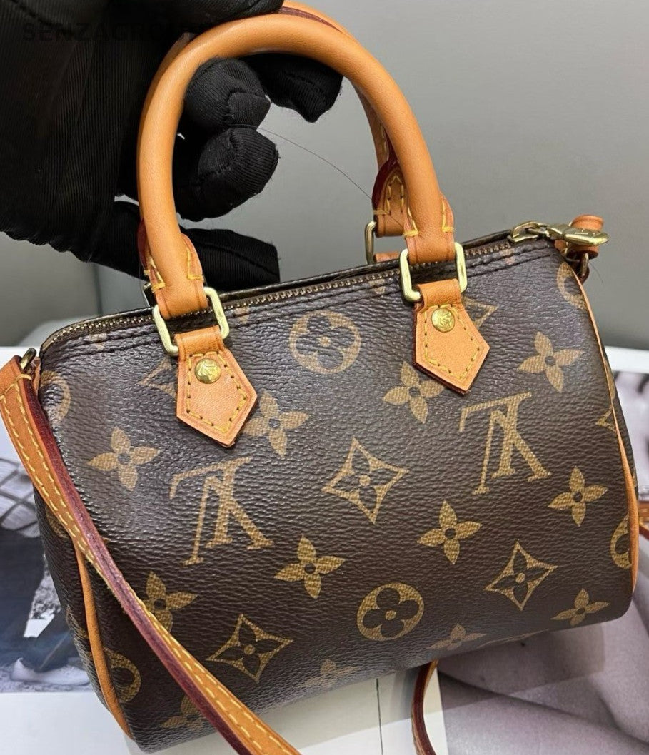 Louis Vuitton Speedy Nano Monogram Top Handle Bag Brown Gold Women Classic