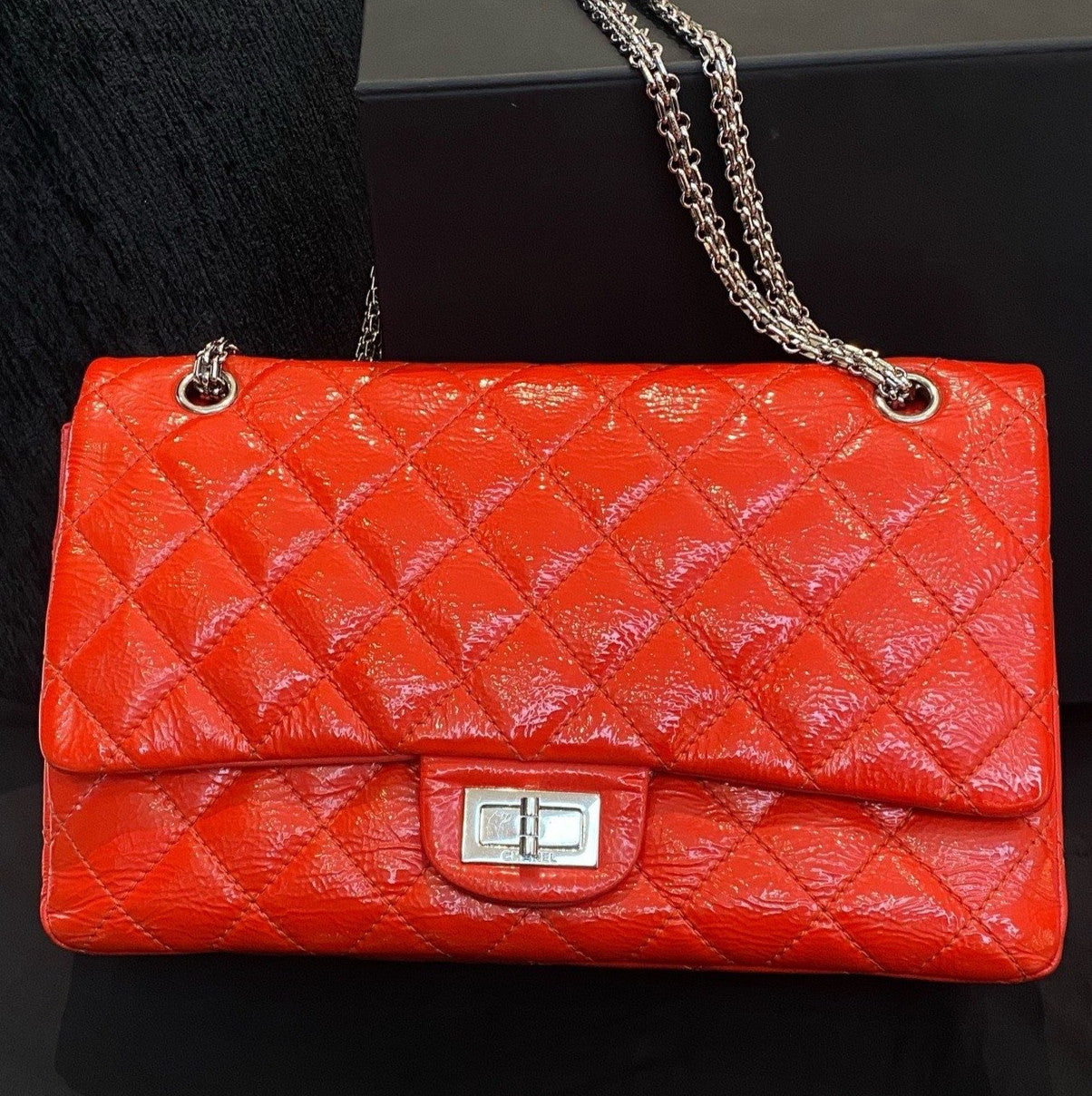 Chanel 2.55 Calfskin GM Chain Shoulder Bag Crossbody Red Silver Women Classic