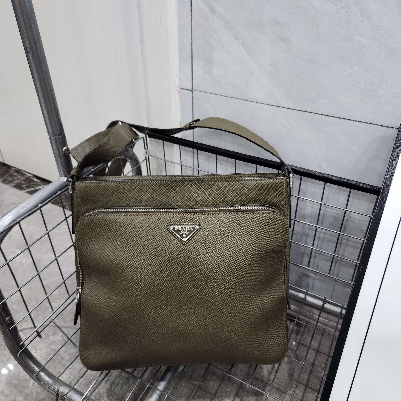 Prada Olive Green Triangle Logo Shoulder Crossbody For Women
