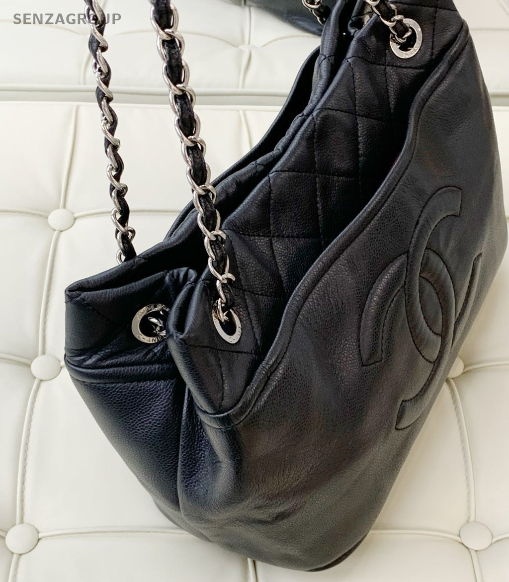 Chanel Calfskin Chain Tote Shoulder Bag Black Silver Women Classic CC Logo