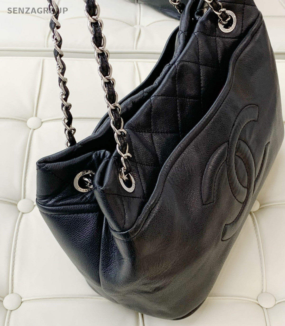 Chanel Calfskin Chain Tote Shoulder Bag Black Silver Women Classic CC Logo