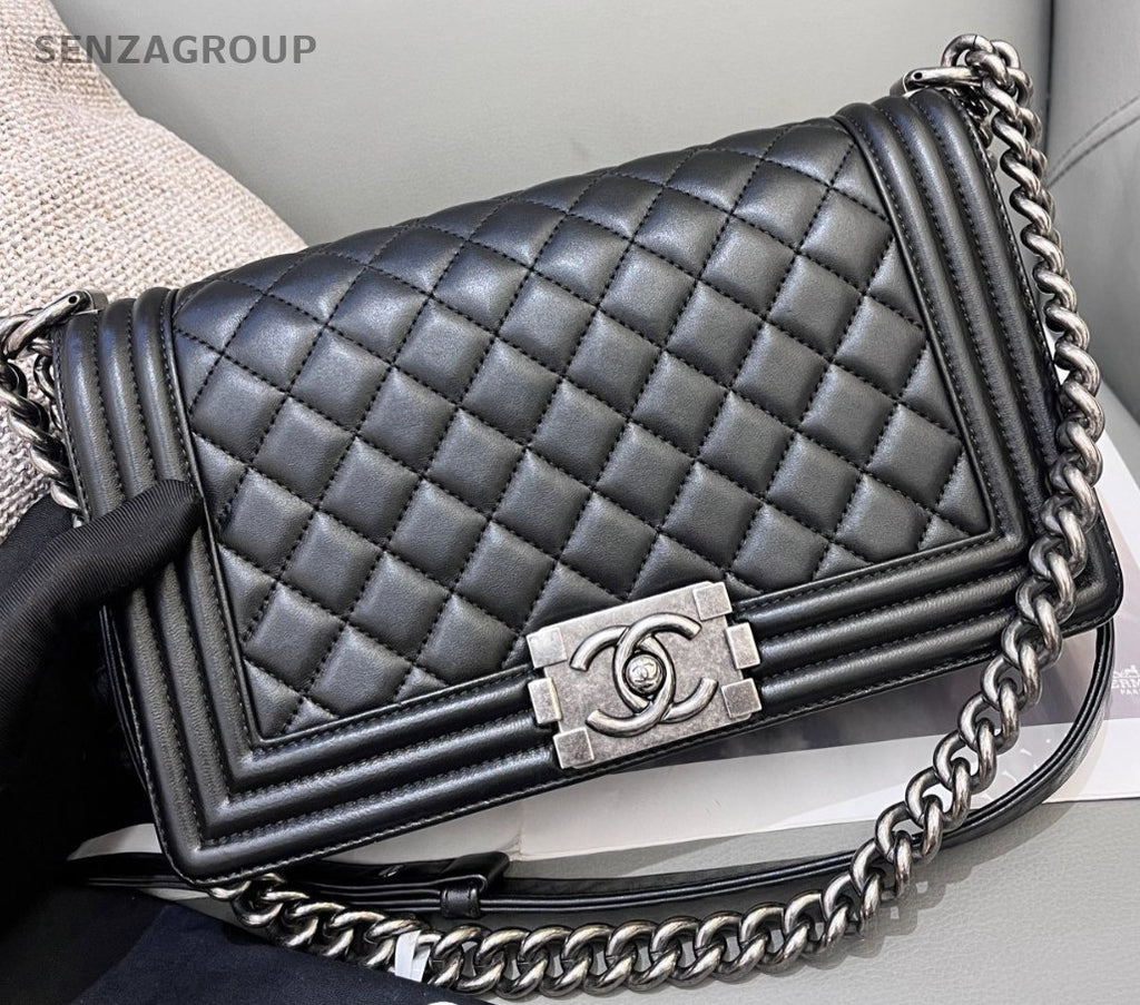 Chanel Leboy MM Lambskin Chain Shoulder Bag Black Silver Used Women Classic