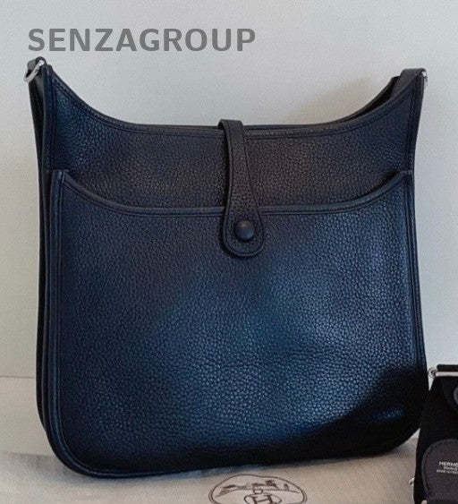 HERMES Evelyne Epsom Leather Shoulder Bag Crossbody Black Silver Used Women