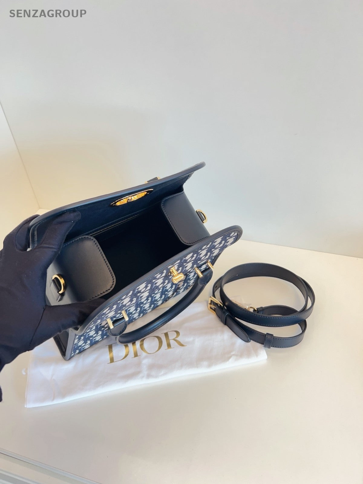 Christian Dior Boston Monogram Top Handle 2way Shoulder Handbag Blue Gold Women