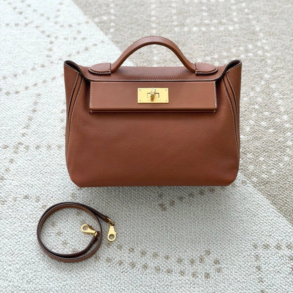 Hermes 2424 2Way Top Handle Shoulder Bag Brown Gold Women Classic Fashion