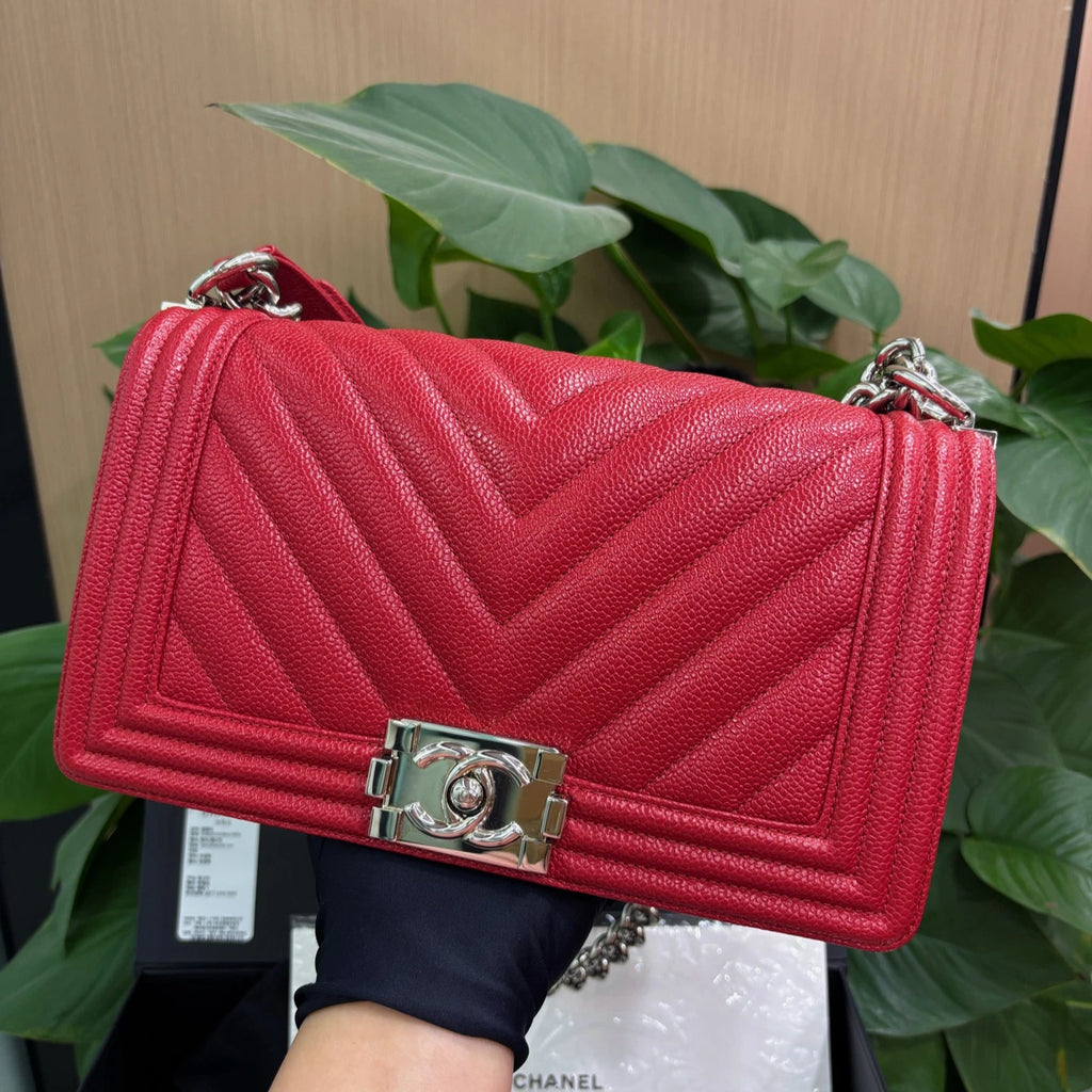 Chanel Leboy MM Calfskin Chain Shoulder Bag Crossbody Red Silver Women Classic