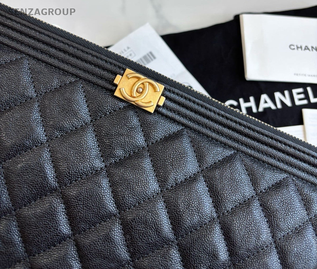 CHANEL Leboy Calfskin Clutch Handbag Black Gold Almost Brand NEW