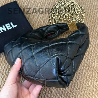 Chanel Quilted Black Gold Fringe Chain Hobo Shoulder Crossbody Bag