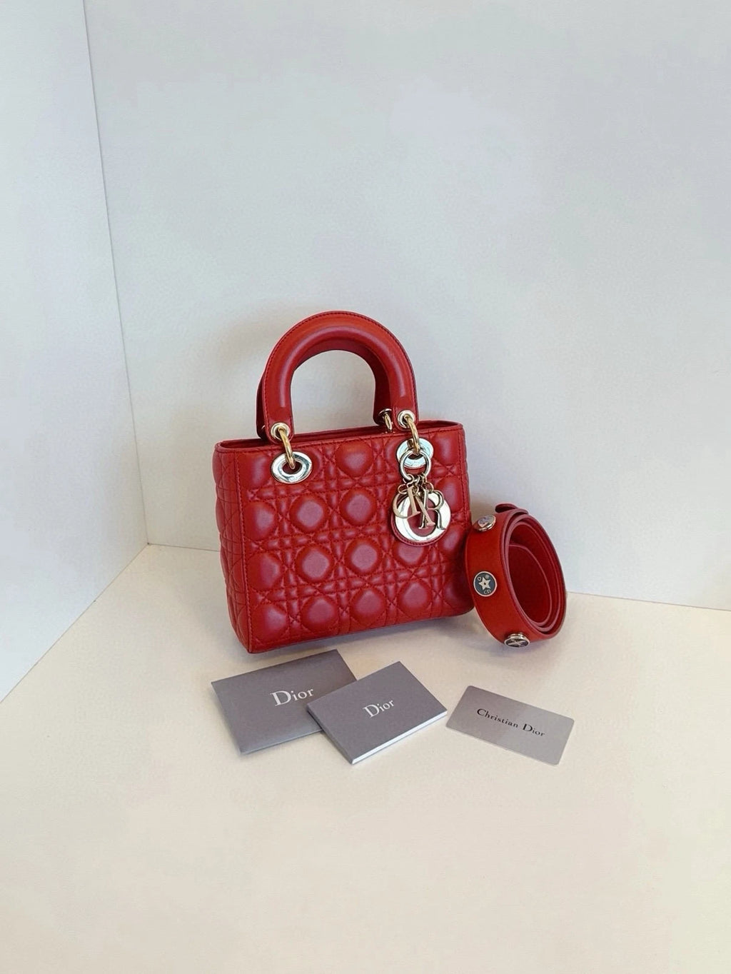Dior Lady Dior Leather Red Shoulder Bag Excellent