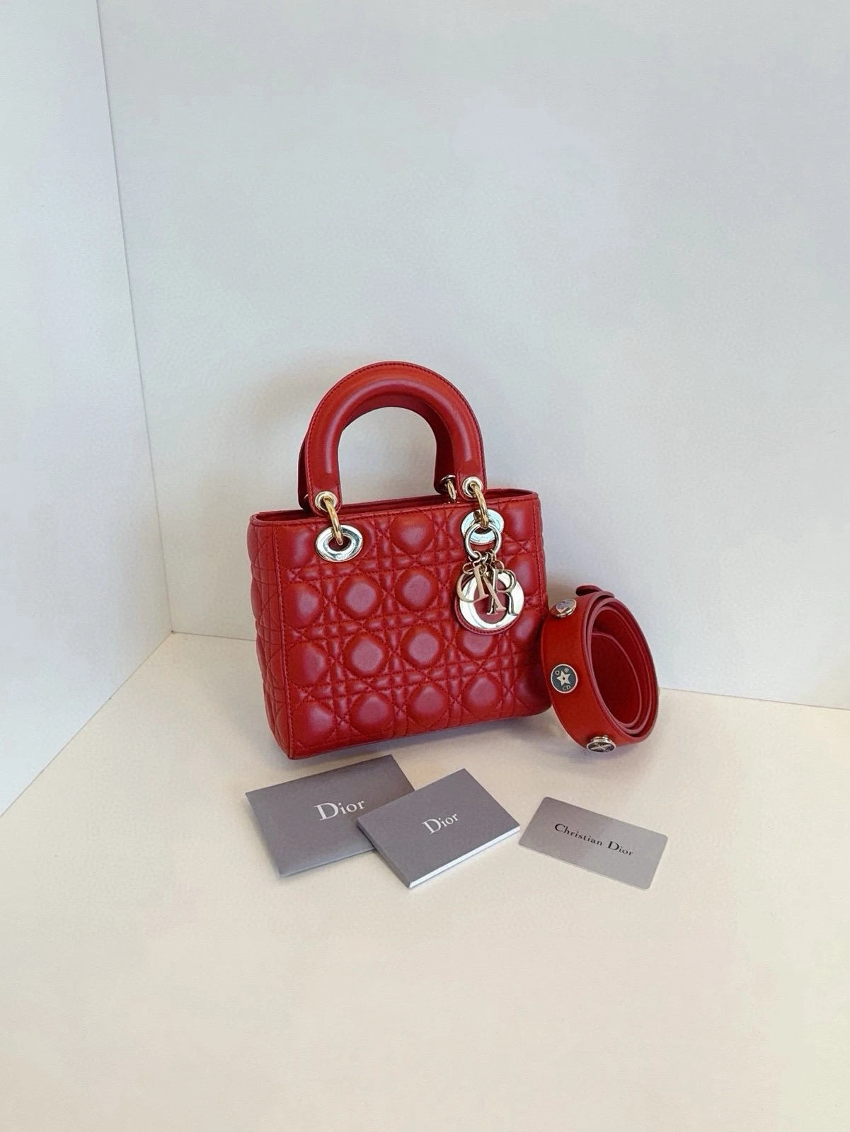 Dior Lady Dior Leather Red Shoulder Bag Excellent