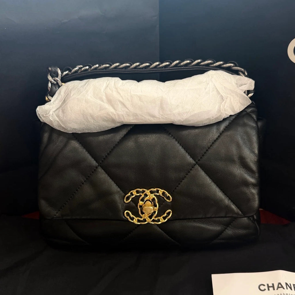 Chanel 19Bag PM Lambskin Chain Top Handle Bag Crossbody Black Gold Women