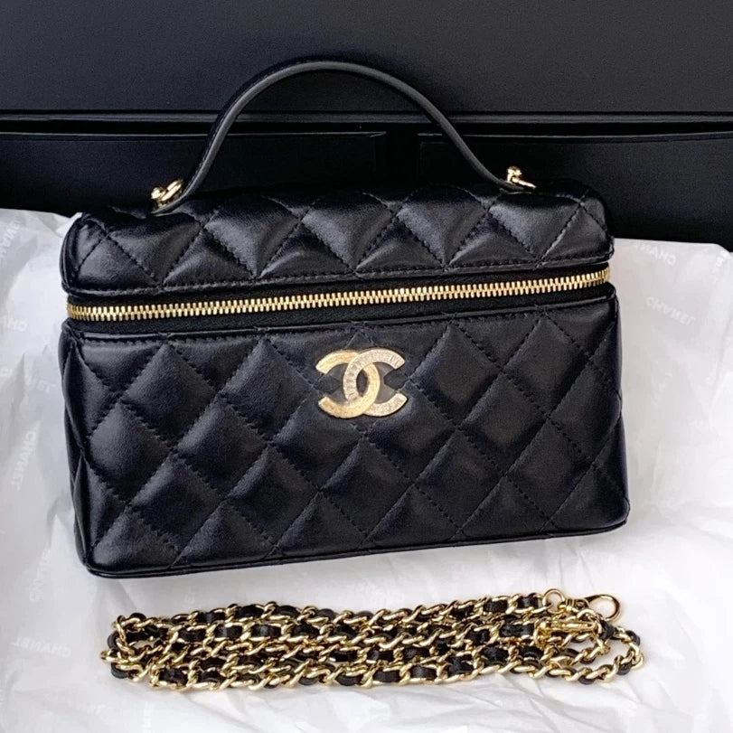 Chanel Lambskin Chain Top Handle Crossbody Bag Black Gold Hardware Women S