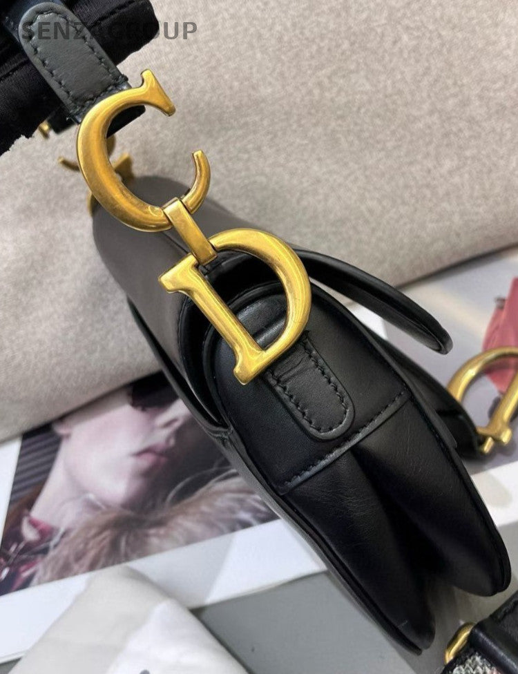 Christian Dior Saddle PM  Top Handle Shoulder Bag Black Gold Women Classic