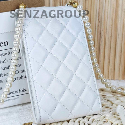 Chanel White Pearl Chain Shoulder Bag Quilted Gold Hardware