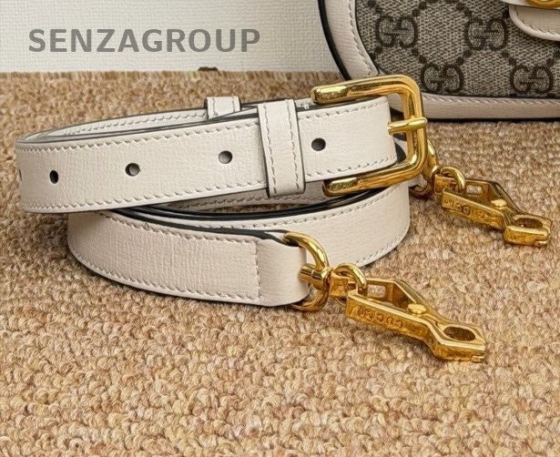 Gucci Monogram PM Saddle Shoulder Bag White Gold Women Classic 2 Straps