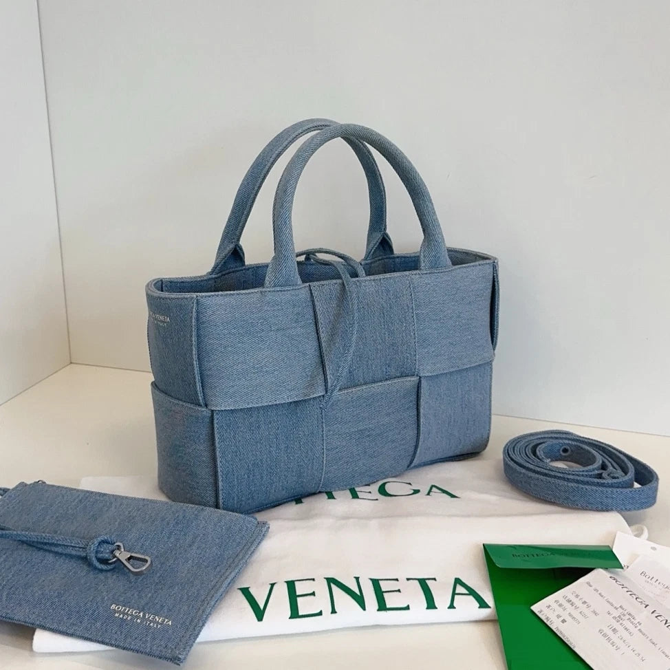 Bottega Veneta Arco Tote Denim Cassette Top Handle Crossbody Blue Women Classic