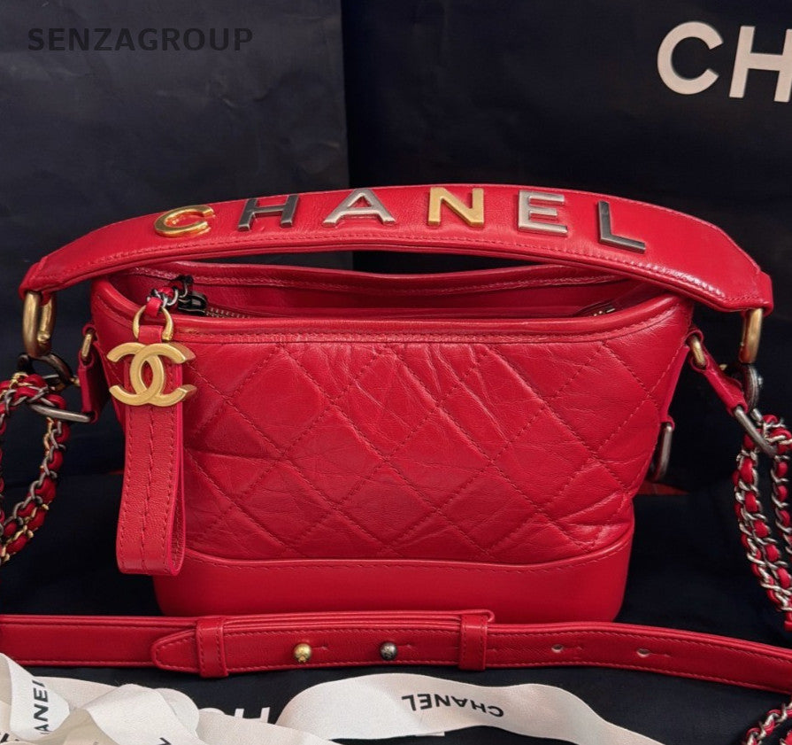Chanel Gabrielle Calfskin PM Chain Shoulder Bag Crossbody Red Gold Diamond Women