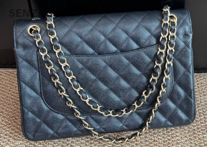 Chanel Classic Flap Jumbo Calfskin Chain Shoulder Bag Black Gold Women Diamond