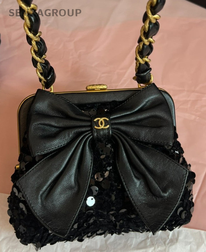 Chanel 24A Chain Shoulder Bag Crossbody Black Gold Used Women Classic