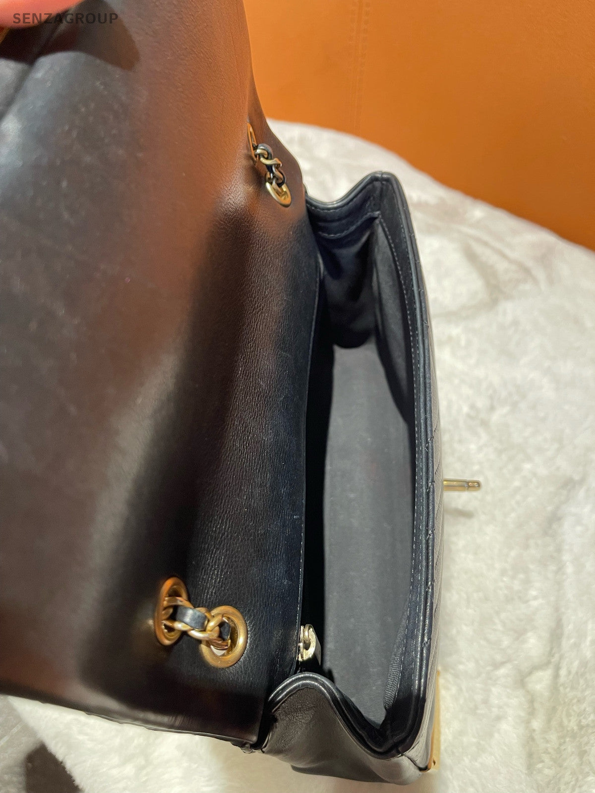 Chanel CF Black Gold Calfskin V-Pattern Chain Shoulder Bag Vintage