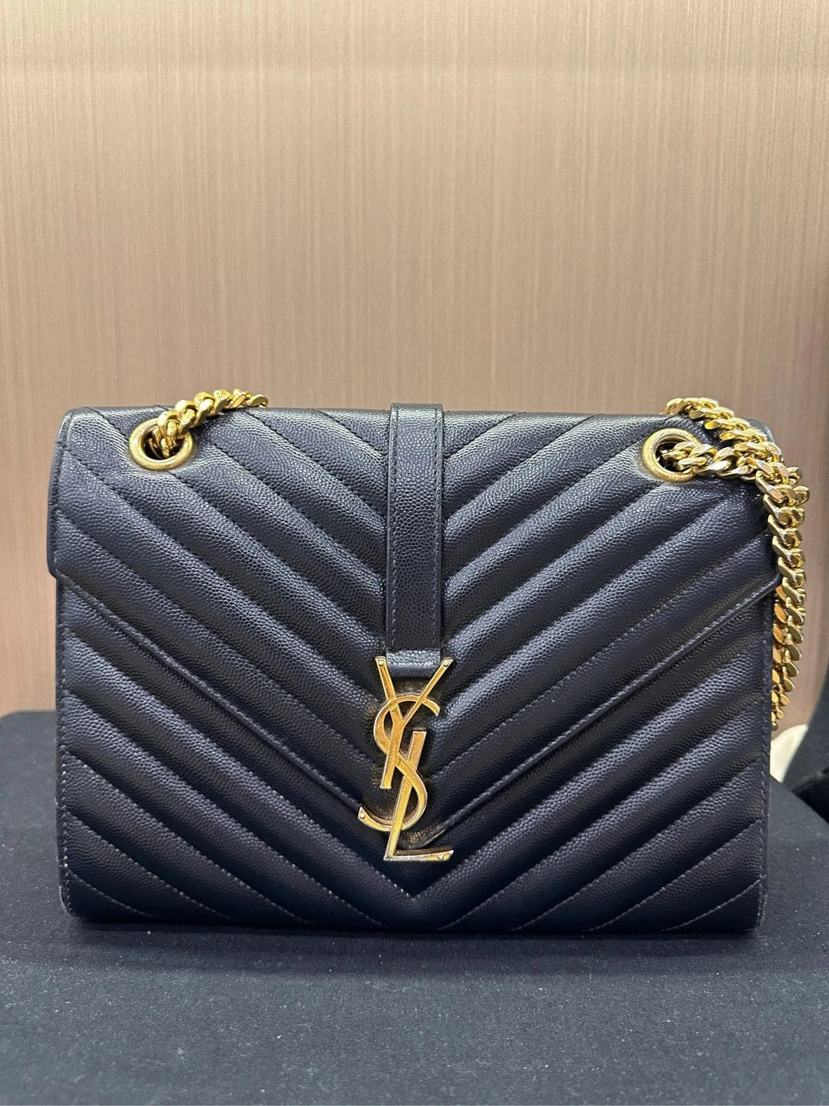 YSL Black Gold Medium Calfskin Envelope Shoulder Bag For Women