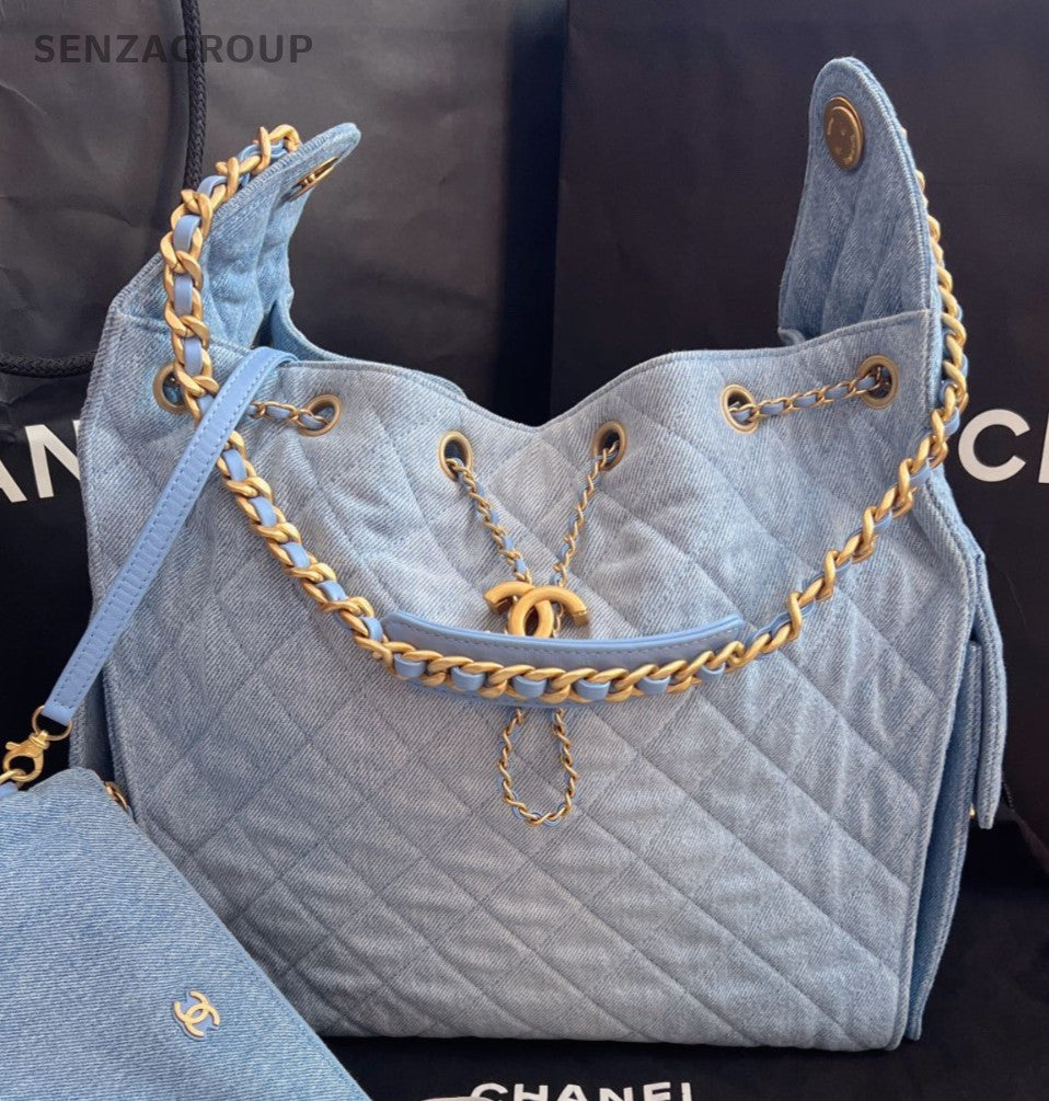 Chanel 25 MM Hobo Chain Shoulder bag Blue Gold Used Women Classic Diamond