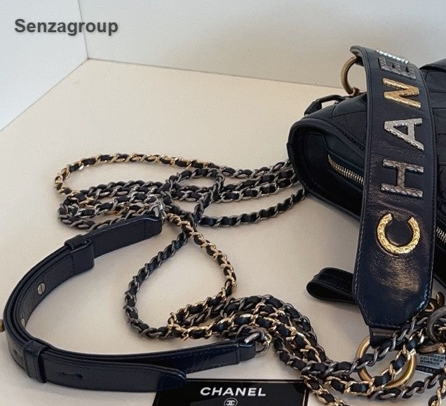 Chanel Gabrielle PM Top Handle Chain Shoulder Bag Crossbody Navy Gold Women
