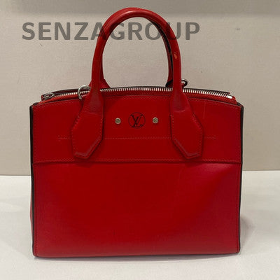 Louis Vuitton City Steamer Red Silver Leather Tote Shoulder Bag Women