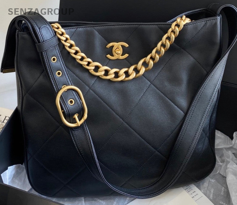 Chanel 21 Hobo GM Chain Shoulder Bag Diamond Black Gold Women Classic Vintage