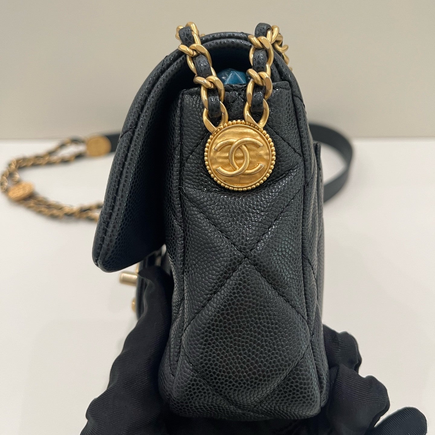 Chanel Classic Flap Quilted Gold Coin Chain Crossbody Bag Black Gold