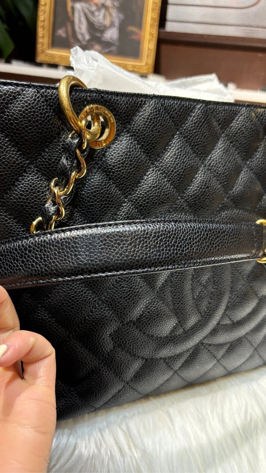 CHANEL GST Black Gold Leather Shoulder Handbag Tote For Women