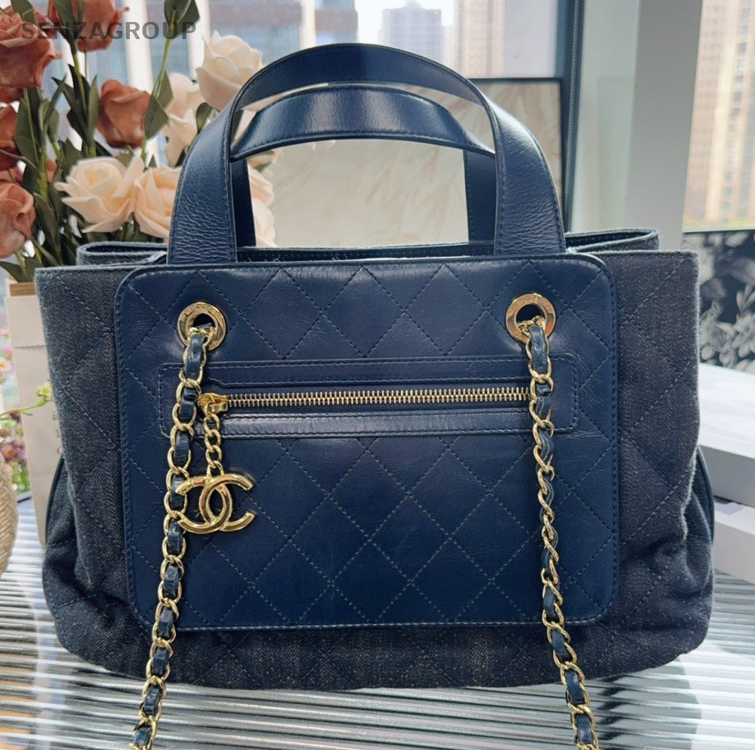 Chanel Denim Tote Handbag Chain Shoulder Bag Blue Gold Women Classic