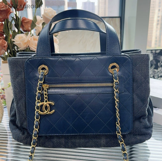 Chanel Denim Tote Handbag Chain Shoulder Bag Blue Gold Women Classic