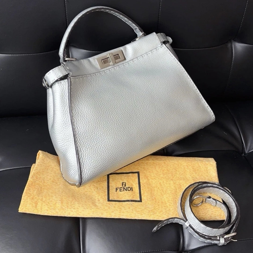 Authentic Fendi Peekaboo Calfskin Top Handle Crossbody Bag Silver SHD