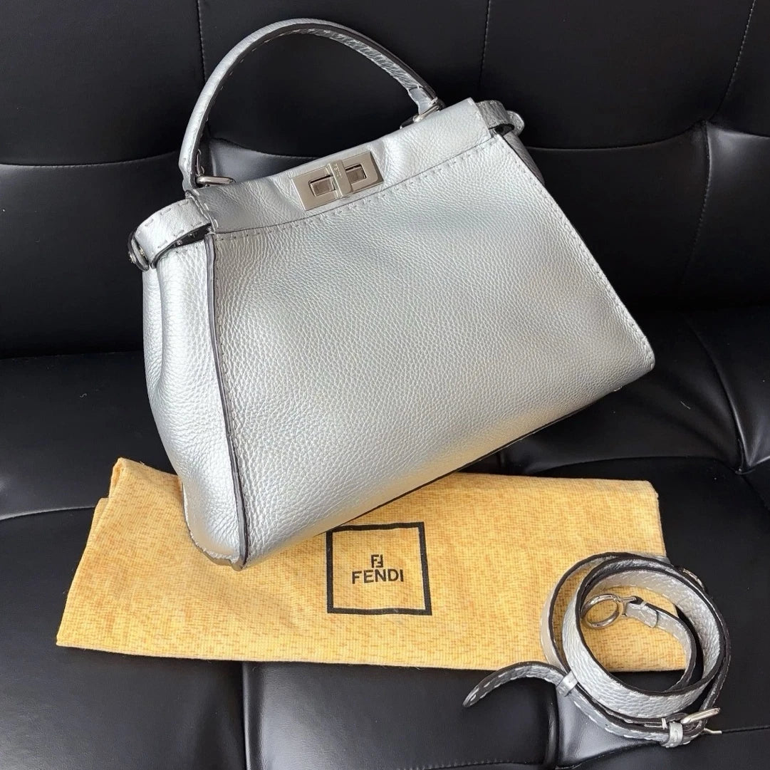 Authentic Fendi Peekaboo Calfskin Top Handle Crossbody Bag Silver SHD