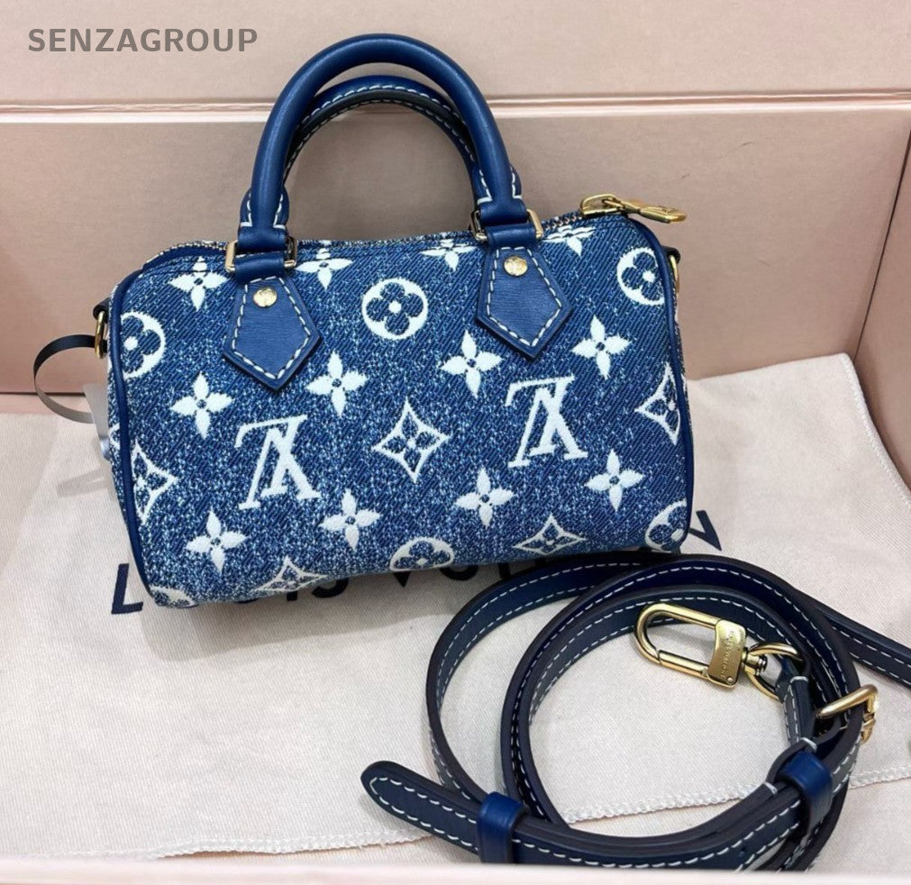 Louis Vuitton Speedy Nano Denim Monogram Top Handle Crossbody Blue Gold Women