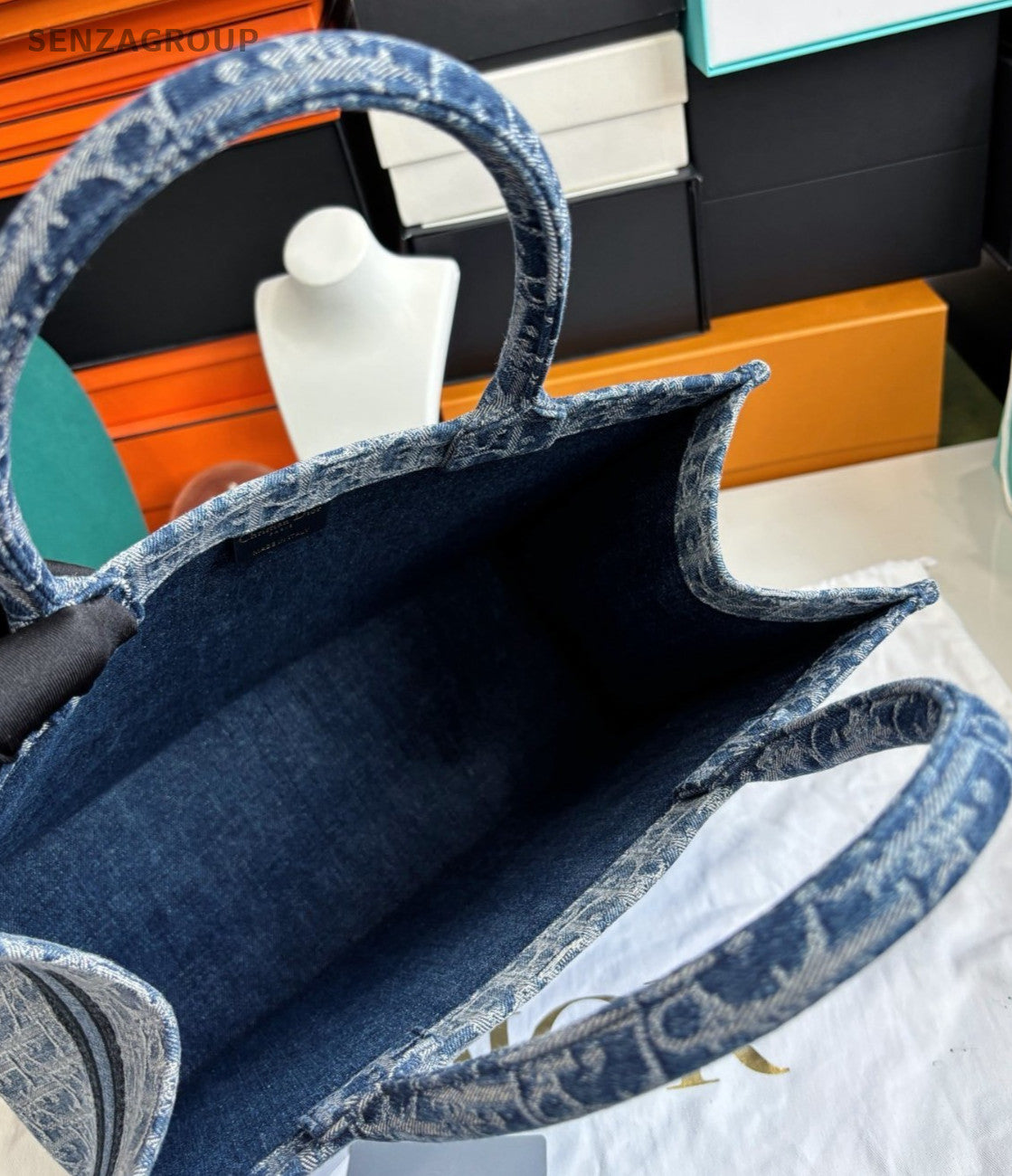 Christian Dior Book Tote MM Denim Oblique Top Handle Shoulder Bag Women Blue