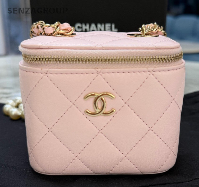 Chanel Diamond Mini Pearl Chain Shoulder Bag Crossbody Pink Gold Women Fashion