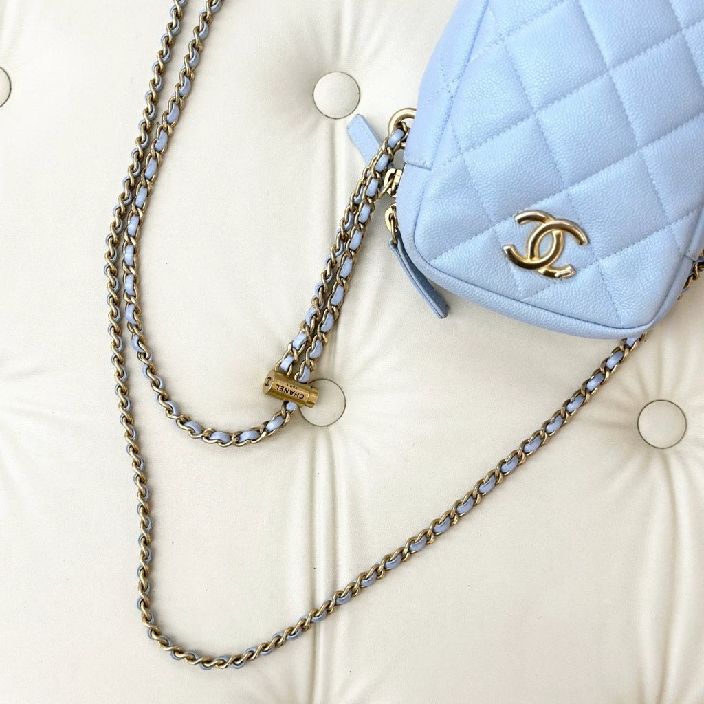 Chanel Calfskin Diamond Chain Crossbody Blue Gold Used Women Classic S