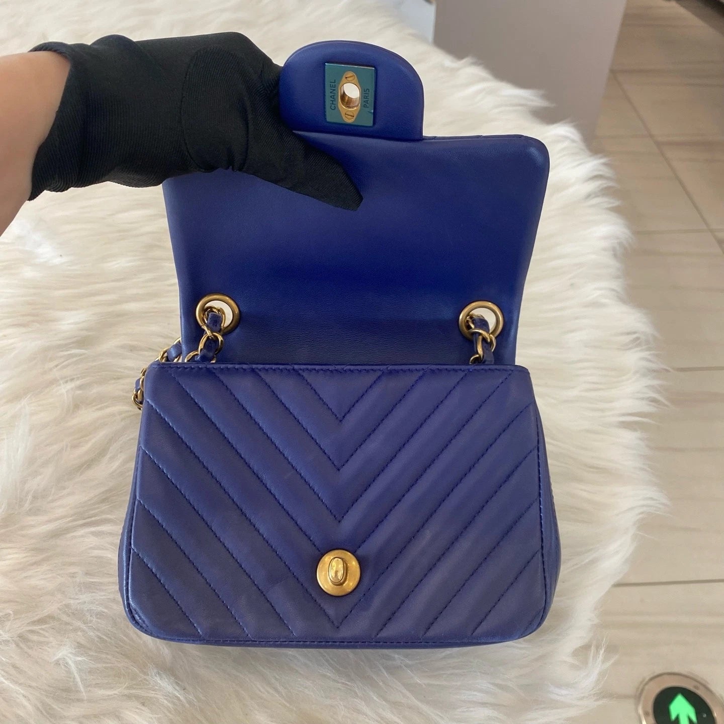 Chanel Classic Flap Blue Gold V-Pattern Chain Shoulder Bag