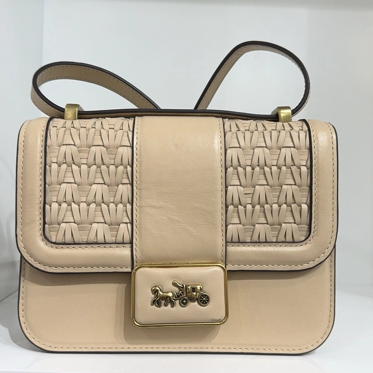 Coach Beige Leather Woven Horse Carriage Shoulder Crossbody Bag For Women