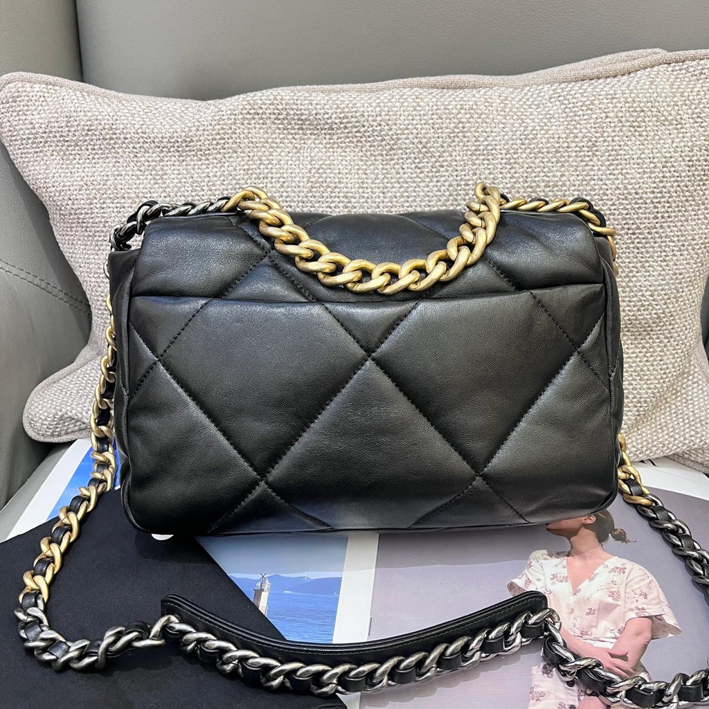 Chanel 19Bag PM Chain Top Handle Crossbody Black Gold Diamond Women Classic