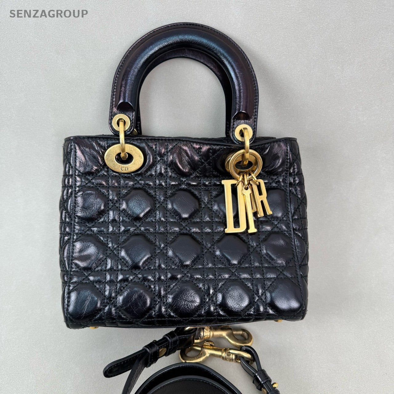 Christian Dior Lady Top Handle Oil wax leather 2way Shoulder bag Black Gold