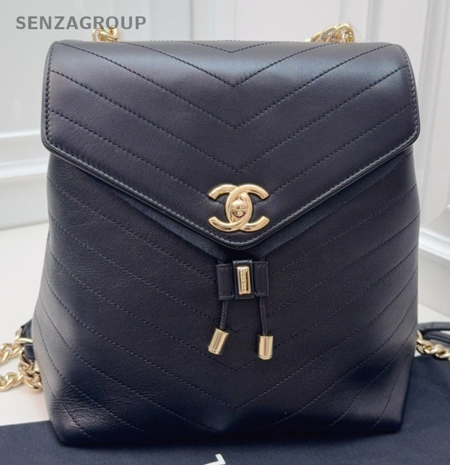 Chanel Calfskin Chain Backpack Black Red Gold Women Classic Vintage