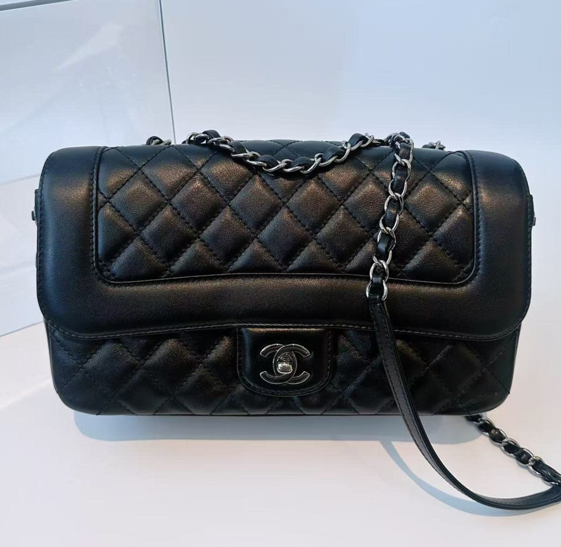 Chanel Classic Flap Calfskin Chain Shoulder Bag Black Silver Used Women Diamond