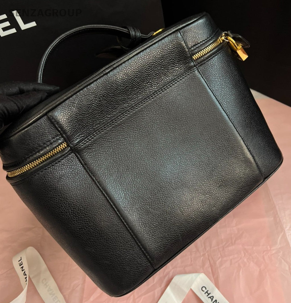 Chanel Vintage GM Calfskin Top Handle Bag Black Gold Used Women Classic